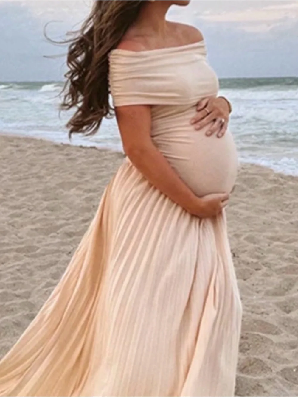 Beige Off-Shoulder Maternity Gown